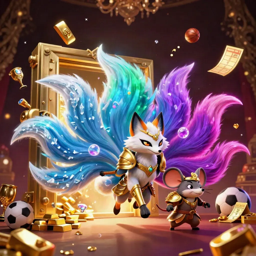 Fox spirit and armoured mouse amid vault burst, gold, balls, and casino glow.