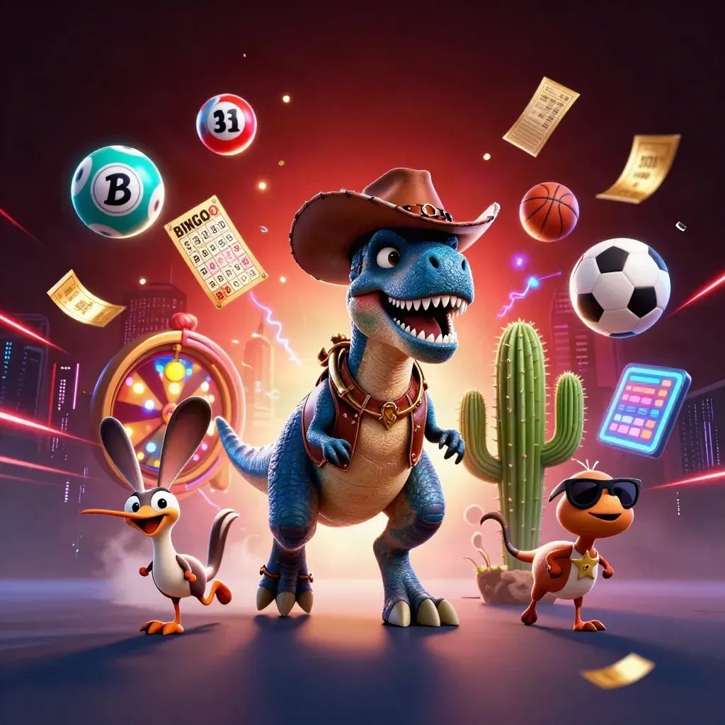 Cowboy T-Rex, cactus, and roadrunner amid casino sports chaos, neon balls, wheel, tickets, and dark red glow.