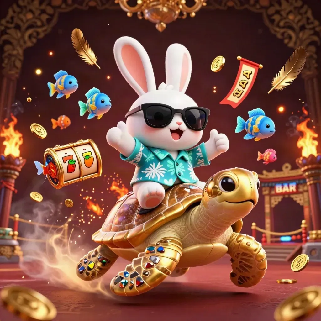 Lucky rabbit on a gem-backed sea turtle amid casino treasures, torches, fish, and a dark luxe backdrop.