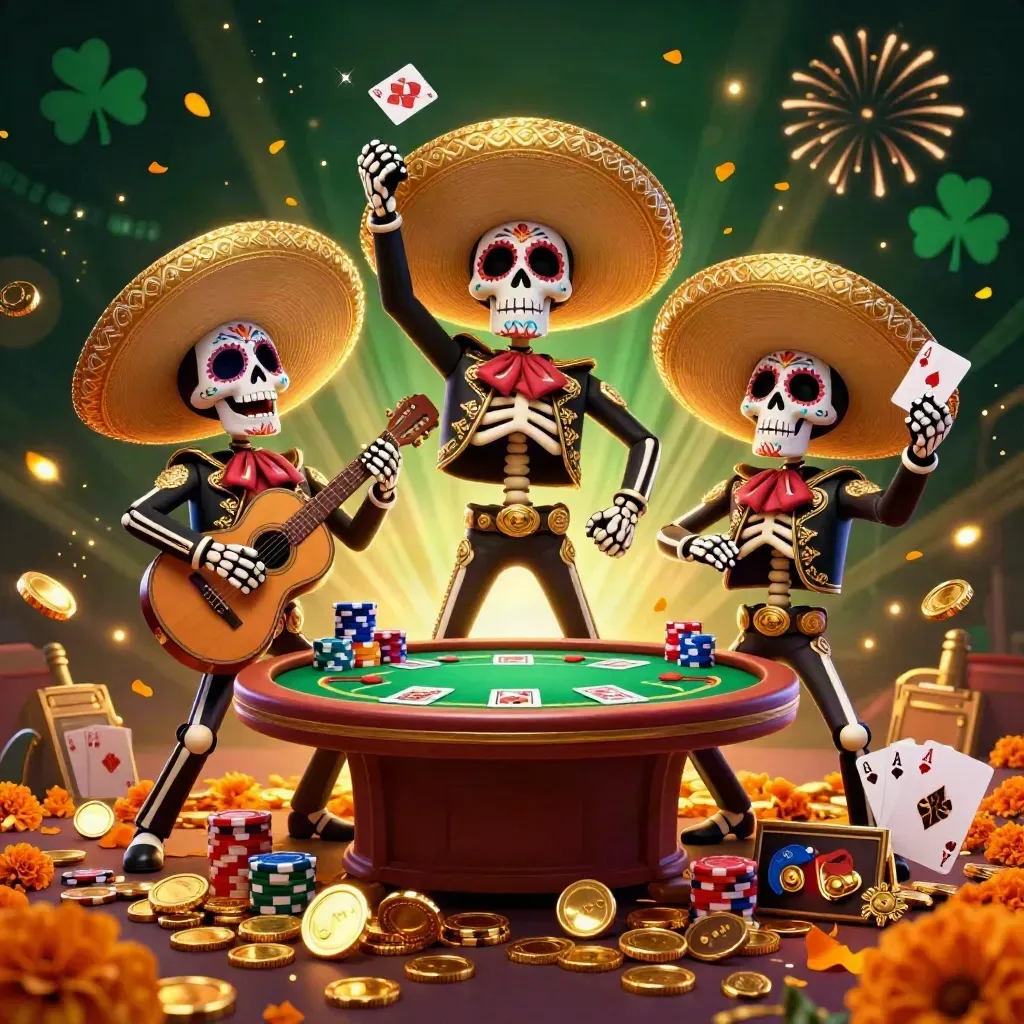 Skeleton mariachi trio amid poker chips, cards, and gold coins in a neon casino burst.