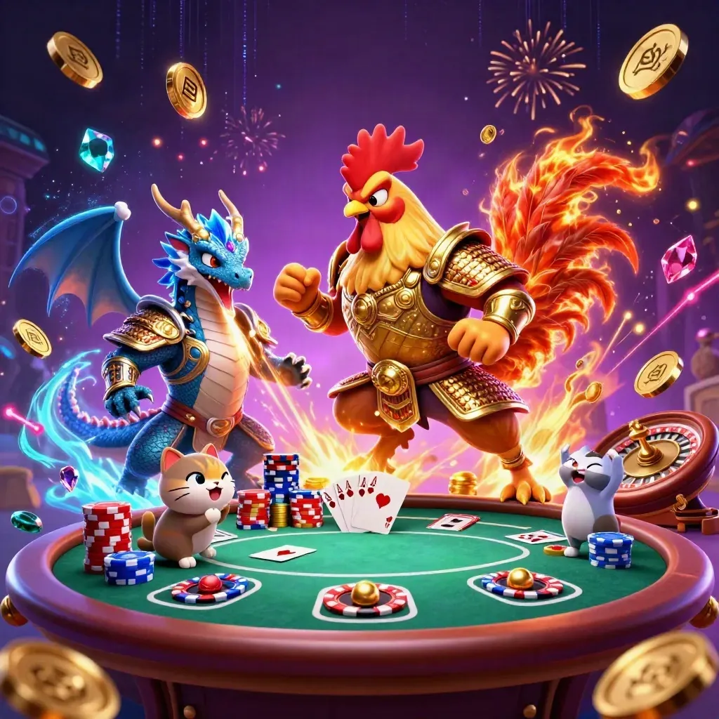 Rooster warrior, dragon hatchling, and fortune cat amid poker chips, coins, cards, and fireworks.