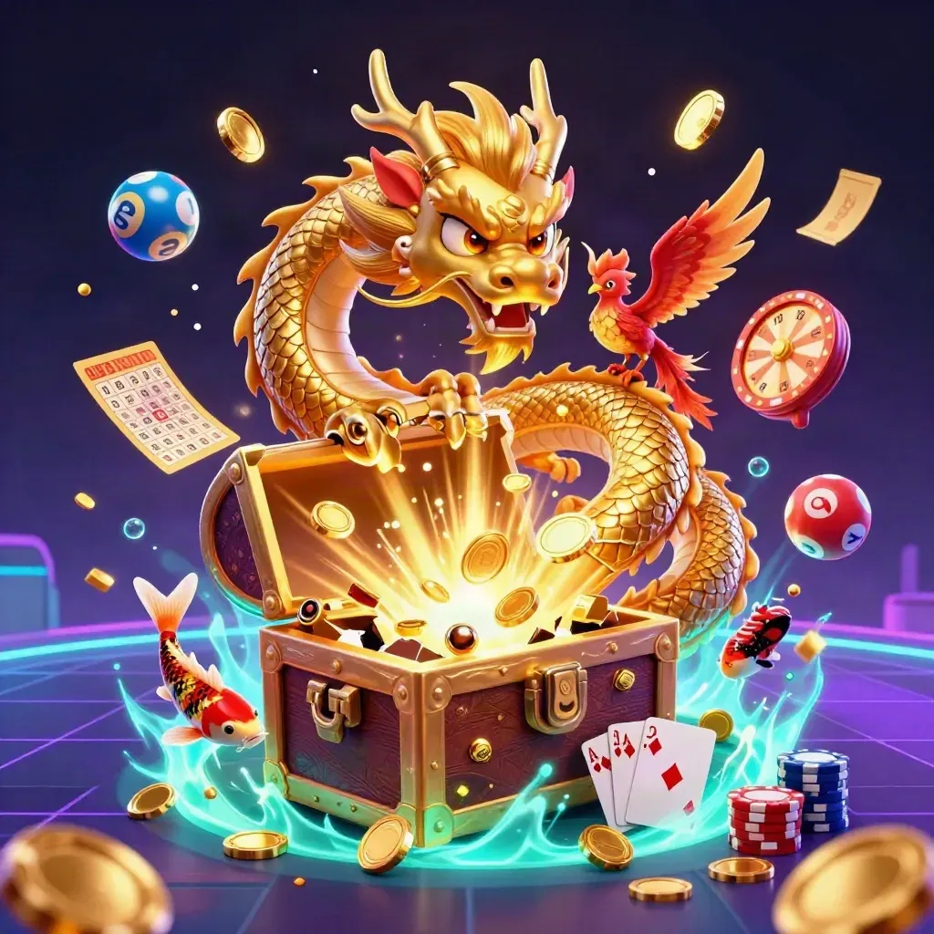 Golden dragon, phoenix, koi, poker chips and casino bursts in neon arctic blue glow.