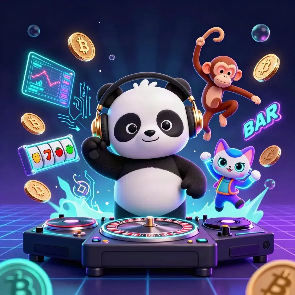 DJ panda, breakdancing monkey and glow-kitten amid roulette wheels, crypto coins and neon effects.